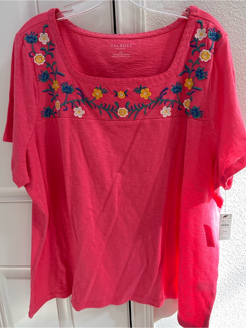 Talbots Bright Pink Scoop-Neck Tunic with Floral Embroidery